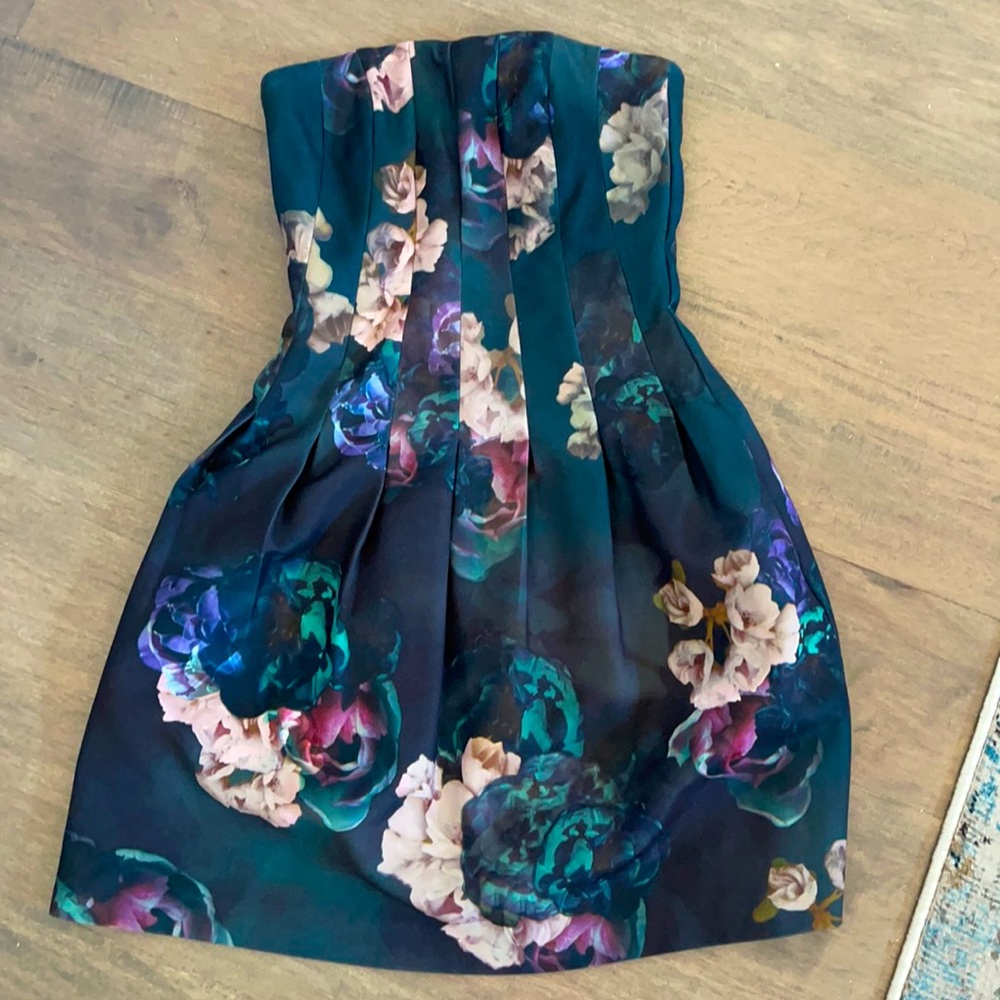 Strapless forest green floral dress
